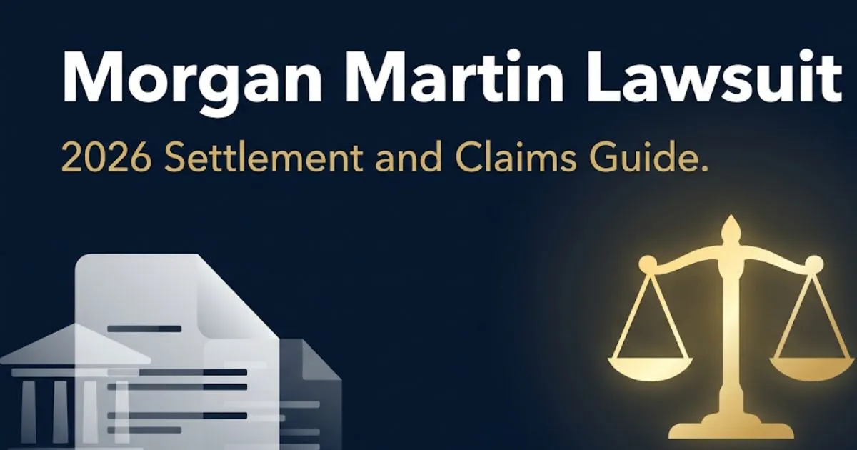 Morgan Martin Lawsuit 2026 settlement and claims guide banner with legal scales icon on navy background