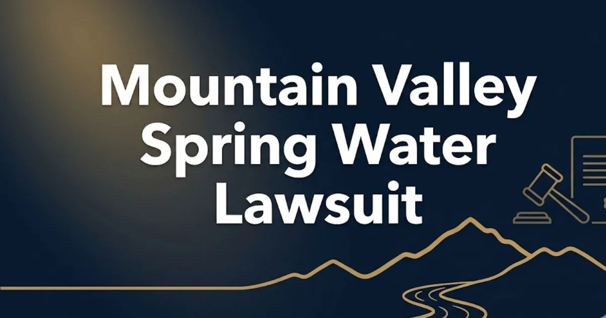 Mountain Valley Spring Water Lawsuit 2026 legal banner with gavel, mountain silhouette, and gold legal icons on navy background