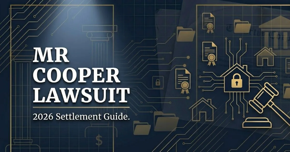 Mr Cooper lawsuit 2026 settlement guide banner with legal and data breach icons on navy background