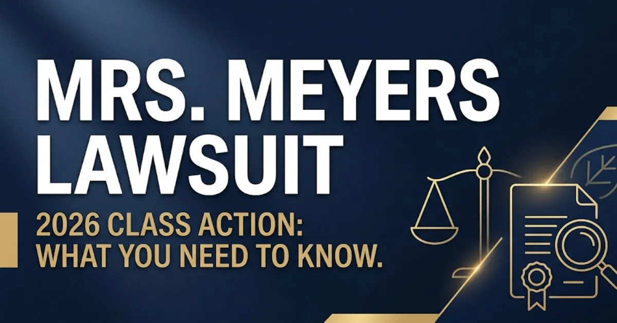 Mrs. Meyers Lawsuit 2026 class action banner with legal scale and natural claims icons on navy background