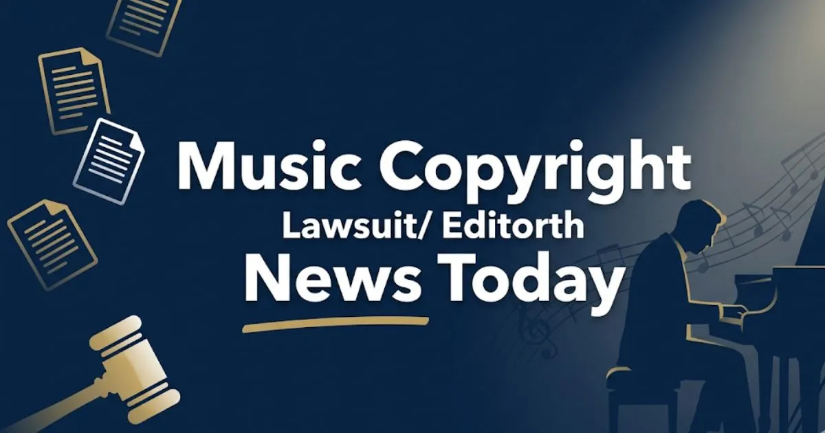 Music copyright lawsuit news today 2026 hero banner with legal icons, gavel silhouette, and piano silhouette on navy background