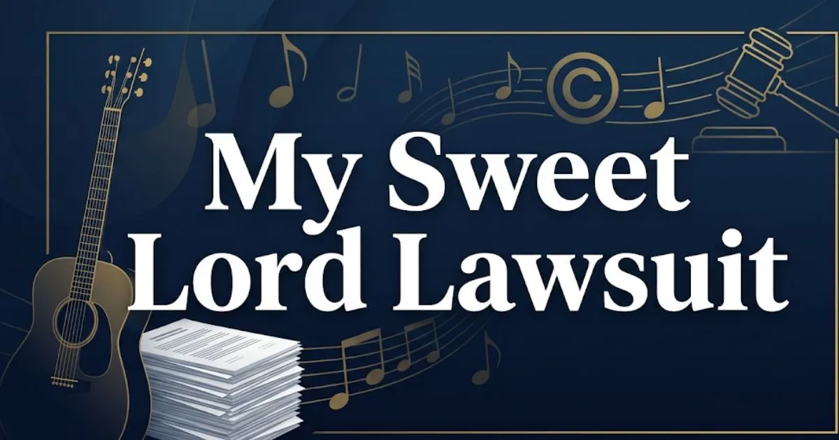 My Sweet Lord lawsuit blog banner with legal and music symbols on navy background
