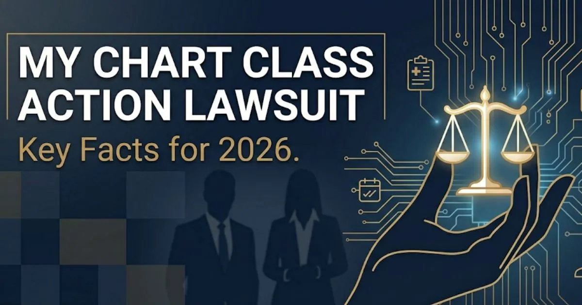 My chart class action lawsuit 2026 banner showing legal scales and patient data privacy graphic on navy background