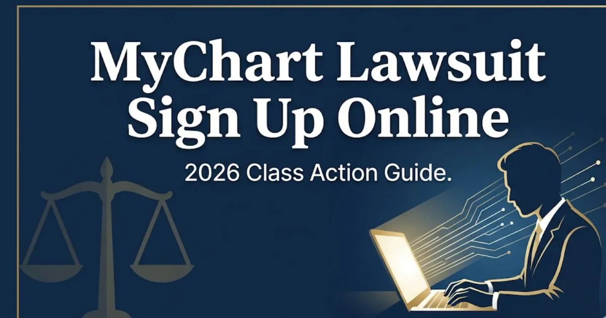 MyChart Lawsuit Sign Up Online 2026 hero banner with legal themed graphics and bold headline text