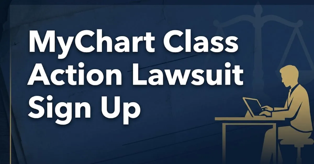 MyChart class action lawsuit sign up 2026 guide banner with legal symbols and navy gold design