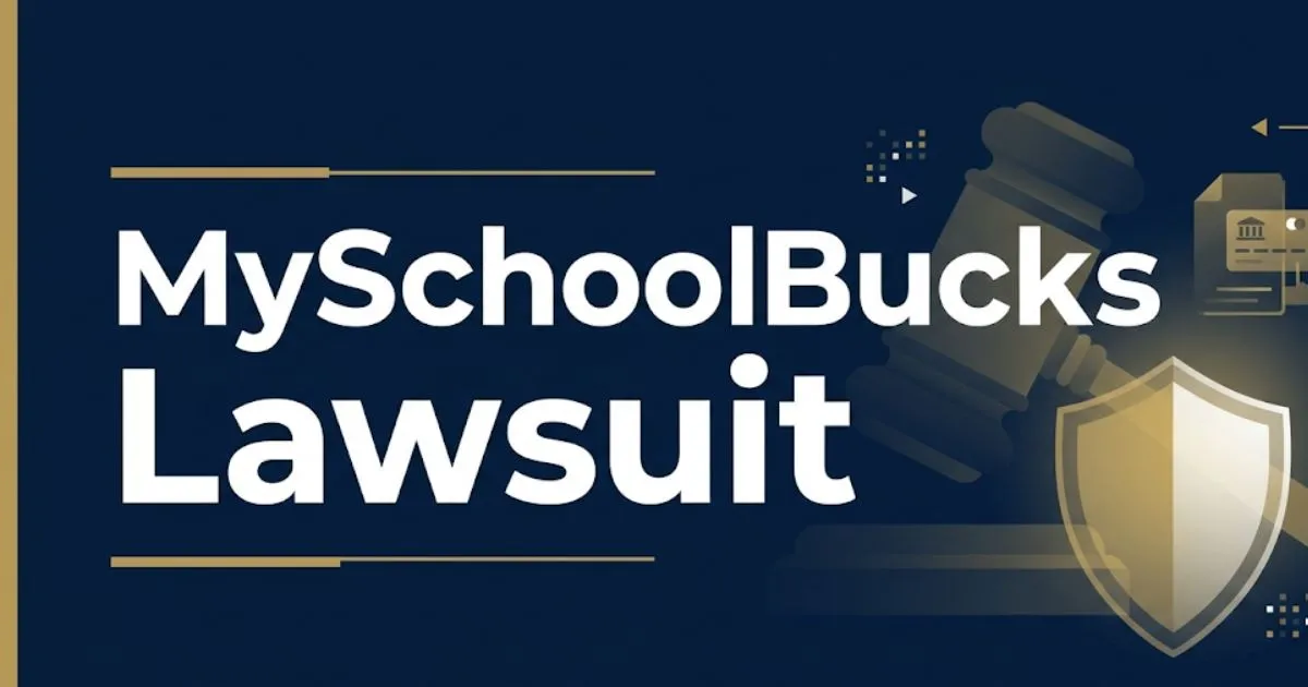 MySchoolBucks lawsuit 2026 legal banner showing gavel and data breach settlement information for affected families