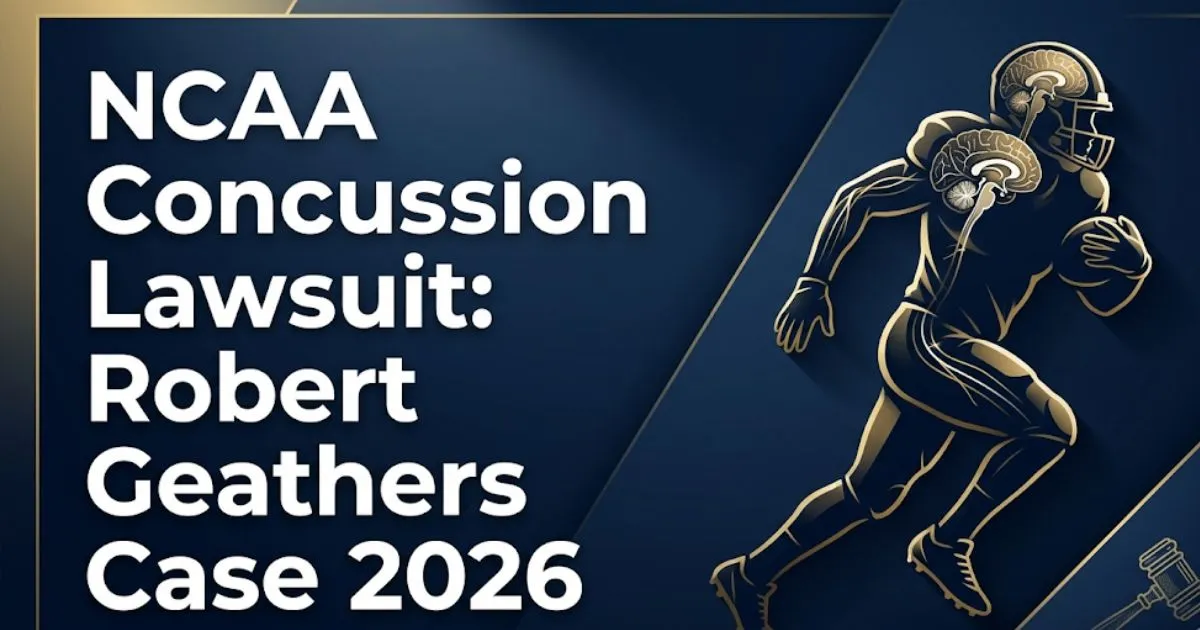 NCAA concussion lawsuit Robert Geathers 2026 legal case banner with football silhouette and brain injury imagery