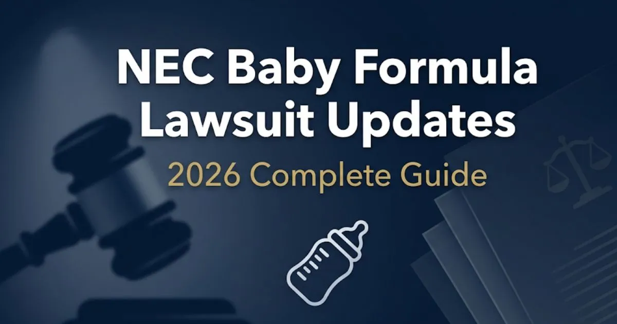 NEC baby formula lawsuit updates 2026 legal banner with gavel and justice scale icons on navy background