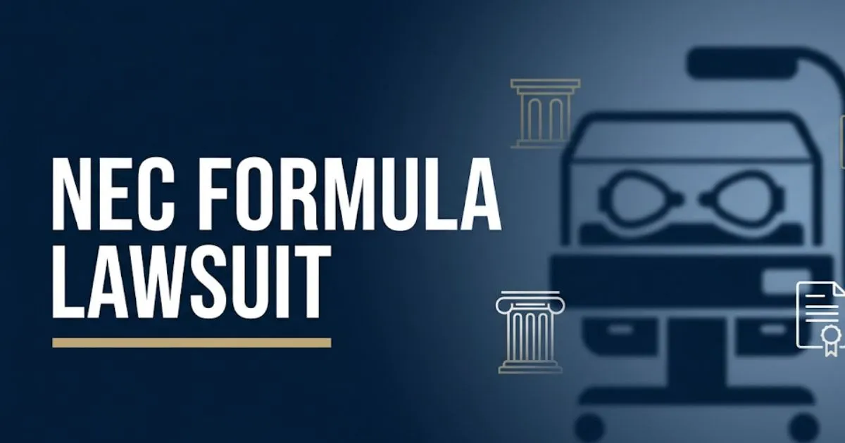 NEC formula lawsuit 2026 guide hero banner with legal symbols and NICU imagery on navy background