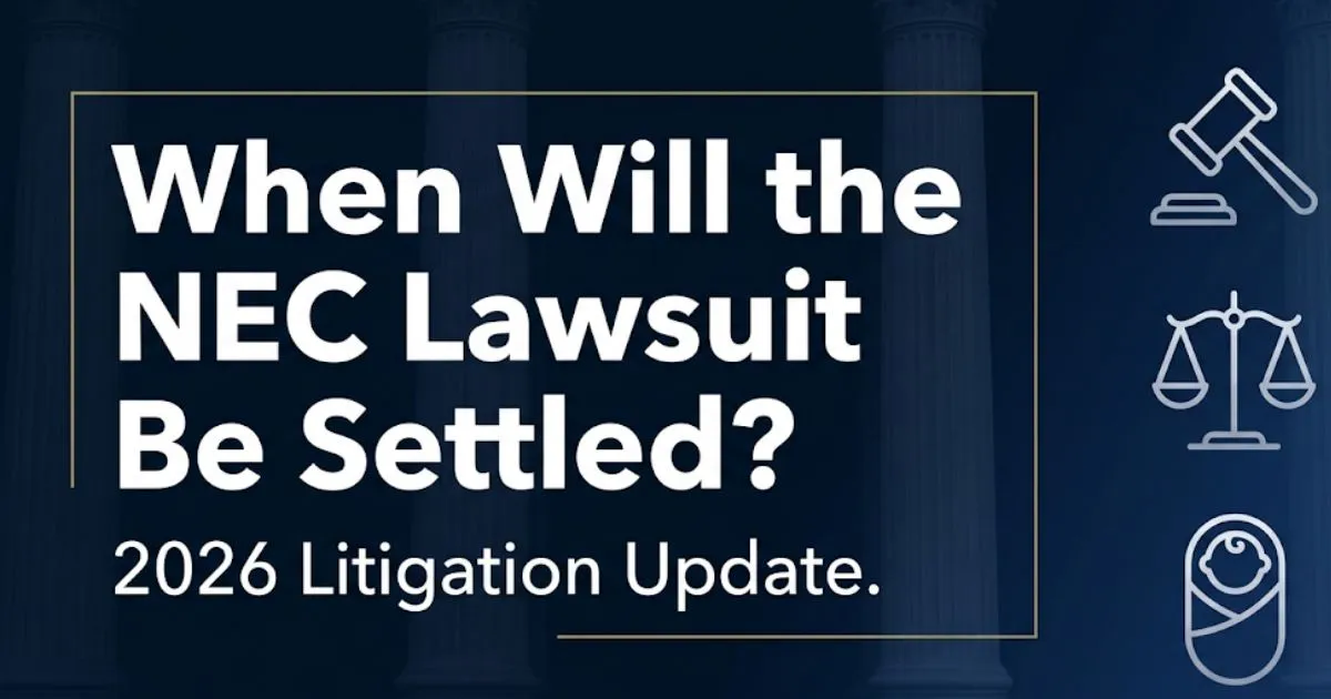 NEC lawsuit settlement 2026 blog banner with gavel, scales of justice, and headline text on navy background