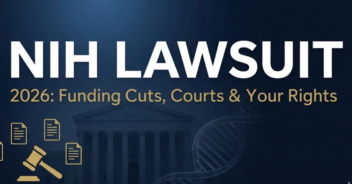 NIH lawsuit 2026 hero banner showing courthouse silhouette, DNA helix, and gavel icons on deep navy background