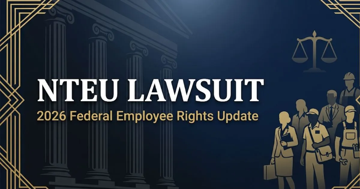 NTEU lawsuit 2026 hero banner showing federal courthouse silhouette and legal scales with bold headline text