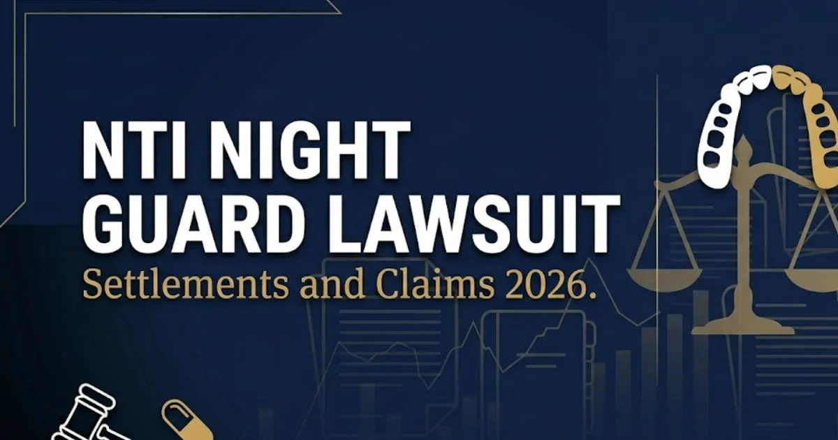 NTI night guard lawsuit 2026 blog banner with legal scales and dental silhouette on deep navy background