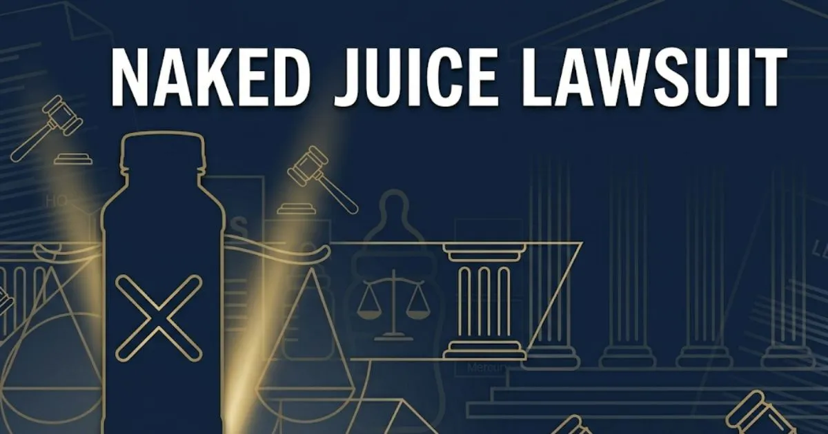 Naked Juice Lawsuit hero banner showing settlement guide 2026 with legal symbols on navy background