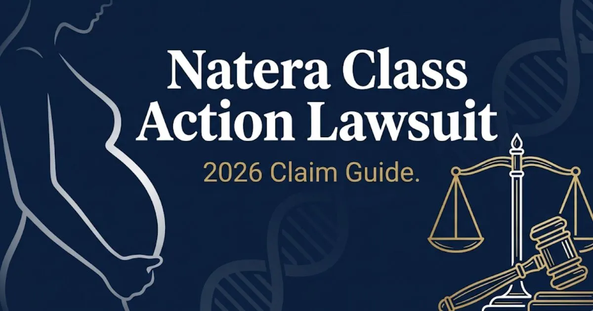 Natera class action lawsuit 2026 claim guide banner with legal symbols and DNA helix design