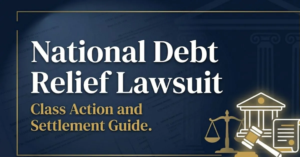 National Debt Relief Lawsuit 2026 legal banner with scales of justice on deep navy background