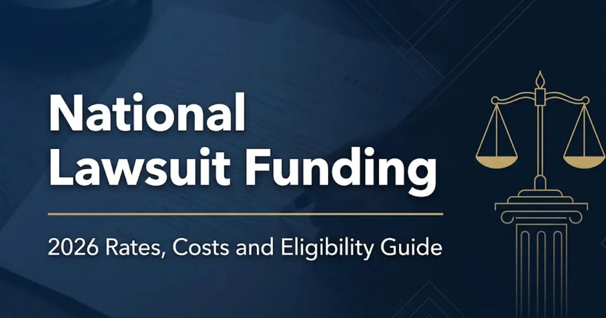 National Lawsuit Funding 2026 rates and eligibility guide with legal scale icon on navy background