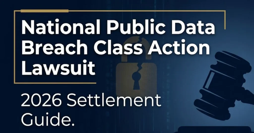 National Public Data Breach Class Action Lawsuit 2026 settlement guide banner with gavel and data breach symbols on navy background