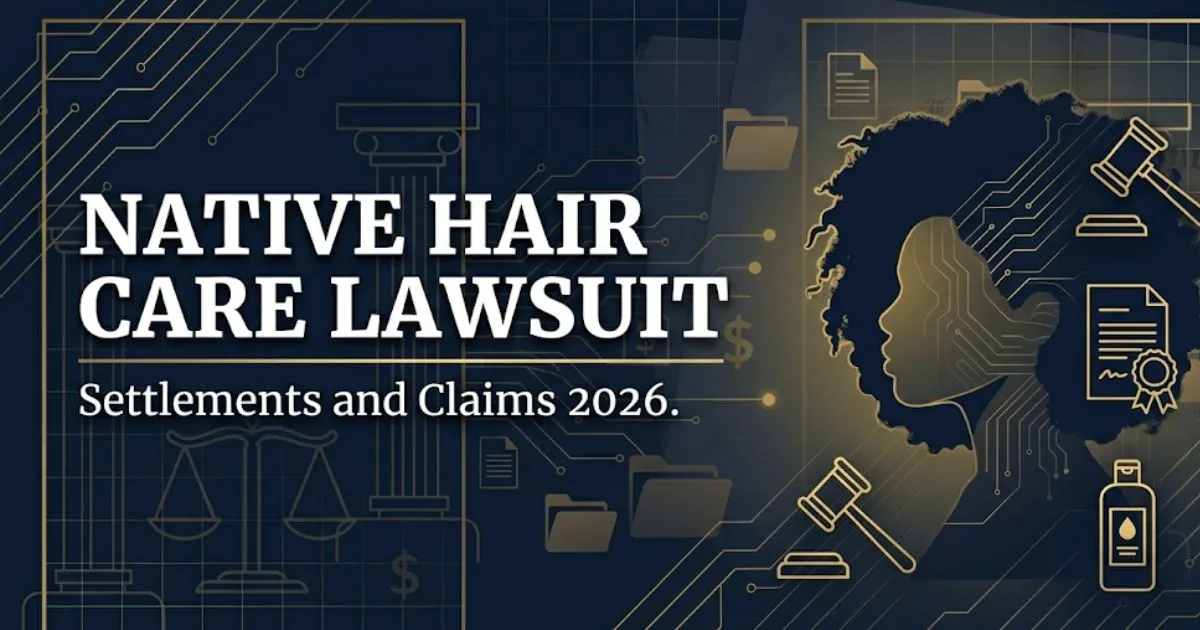 Native hair care lawsuit blog banner showing bold headline text, legal gavel icon, and 2026 settlement information on navy background