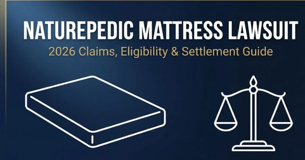 Naturepedic mattress lawsuit 2026 guide banner showing legal scales and mattress silhouette on navy background