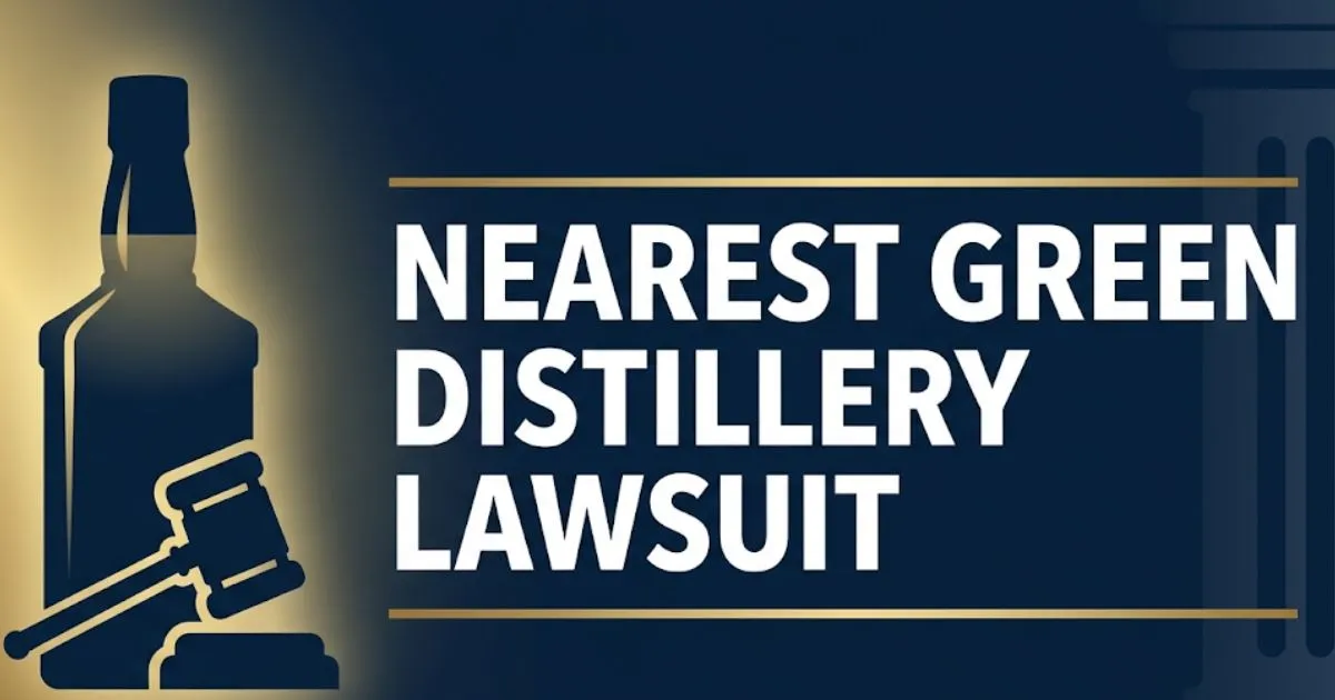 Nearest Green Distillery lawsuit 2026 legal banner with whiskey bottle silhouette and gavel on navy background