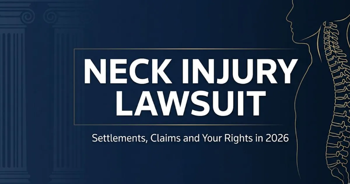 Neck injury lawsuit guide 2026 banner with gold spine silhouette and navy legal background