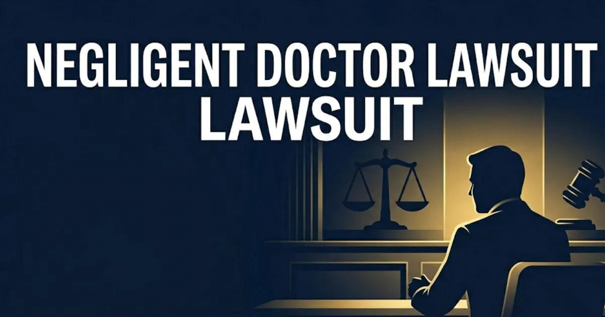 Negligent doctor lawsuit guide 2026 hero banner with legal scale and courtroom silhouette on navy background