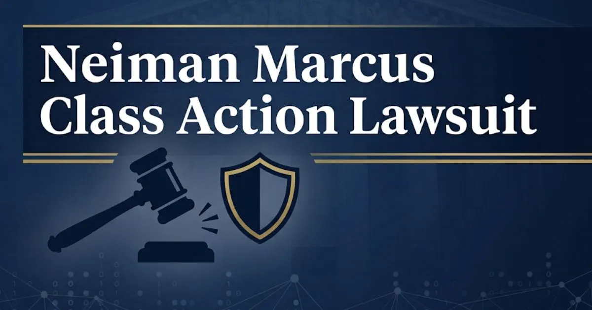 Neiman Marcus class action lawsuit 2026 guide with gavel icon and data breach legal theme