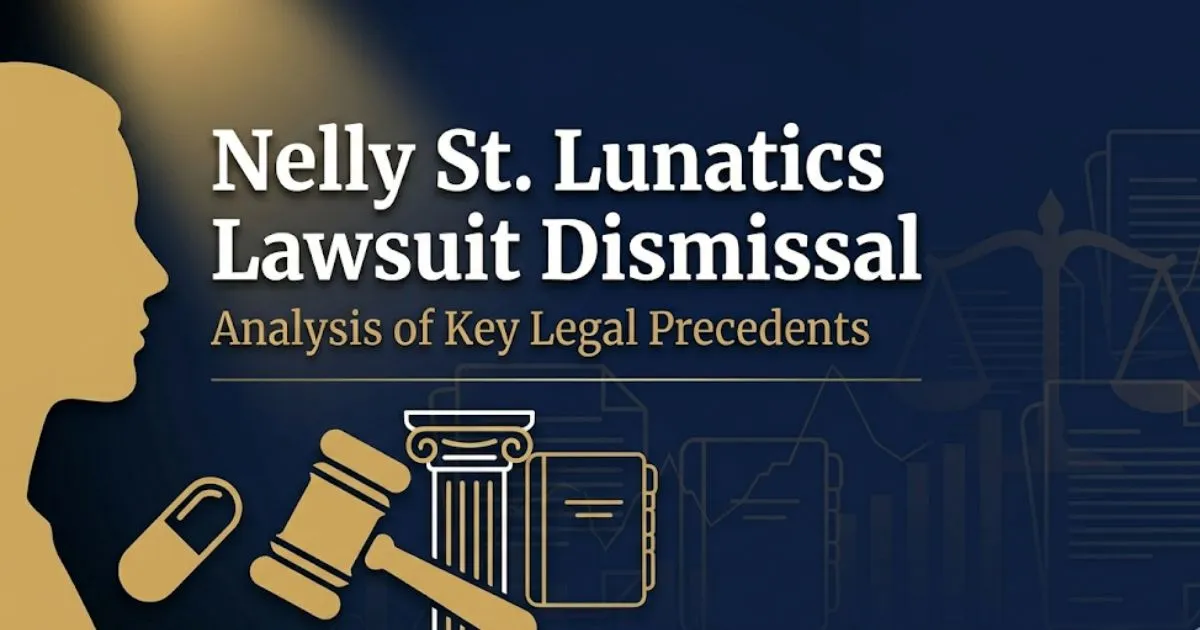 Nelly St. Lunatics lawsuit dismissal editorial banner with courthouse silhouette and gavel icons on navy background