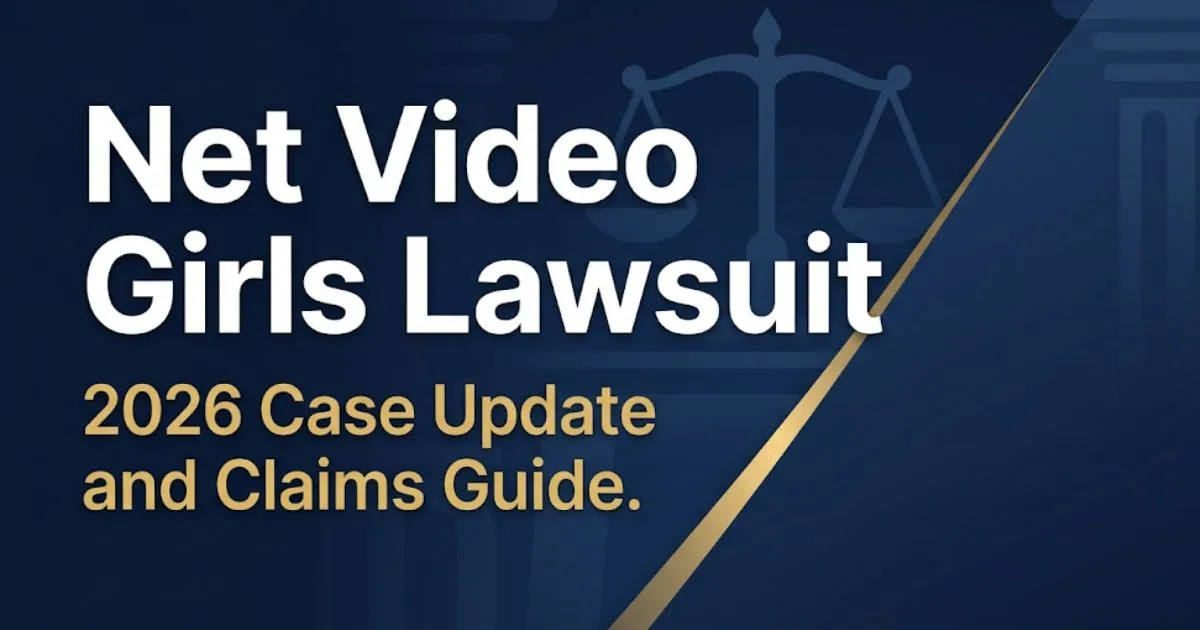 Net Video Girls Lawsuit 2026 legal case update guide banner with scales of justice and navy background