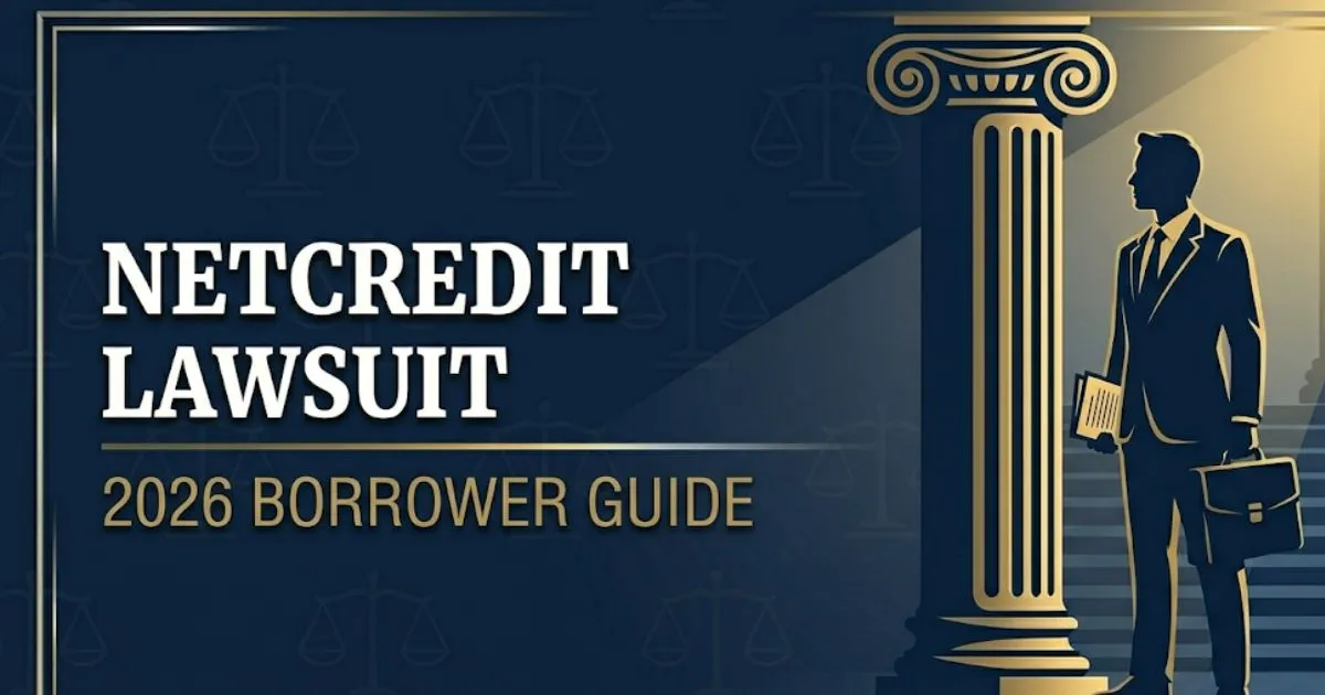 NetCredit lawsuit 2026 guide banner showing legal scales and borrower silhouette on navy background