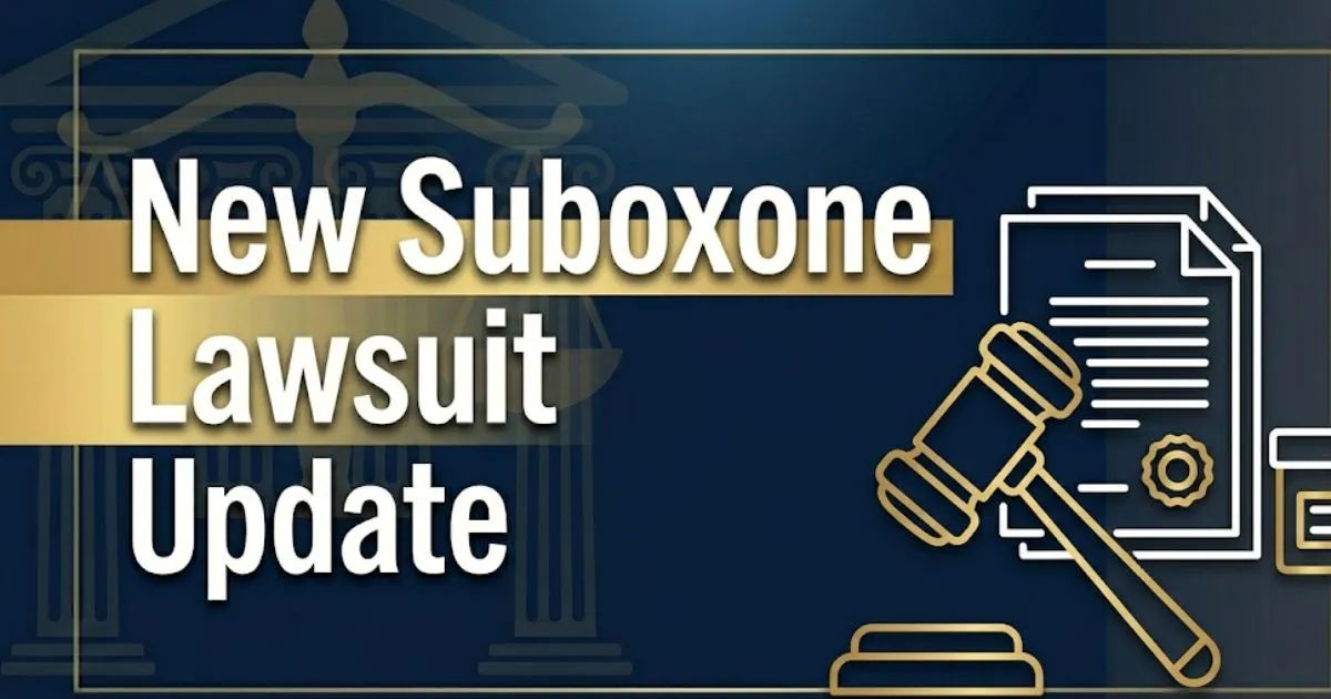 New Suboxone Lawsuit Update 2026 banner with gavel and legal document icons on navy background