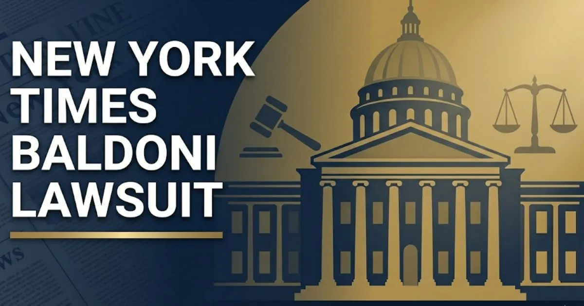New York Times Baldoni Lawsuit 2026 legal case guide banner with courtroom scales and gavel on navy background