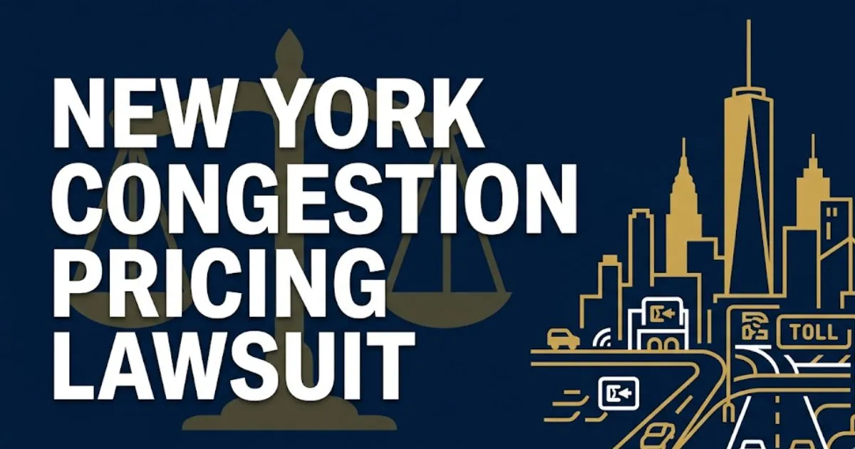 New York congestion pricing lawsuit 2026 legal update banner with Manhattan skyline and legal scales graphic
