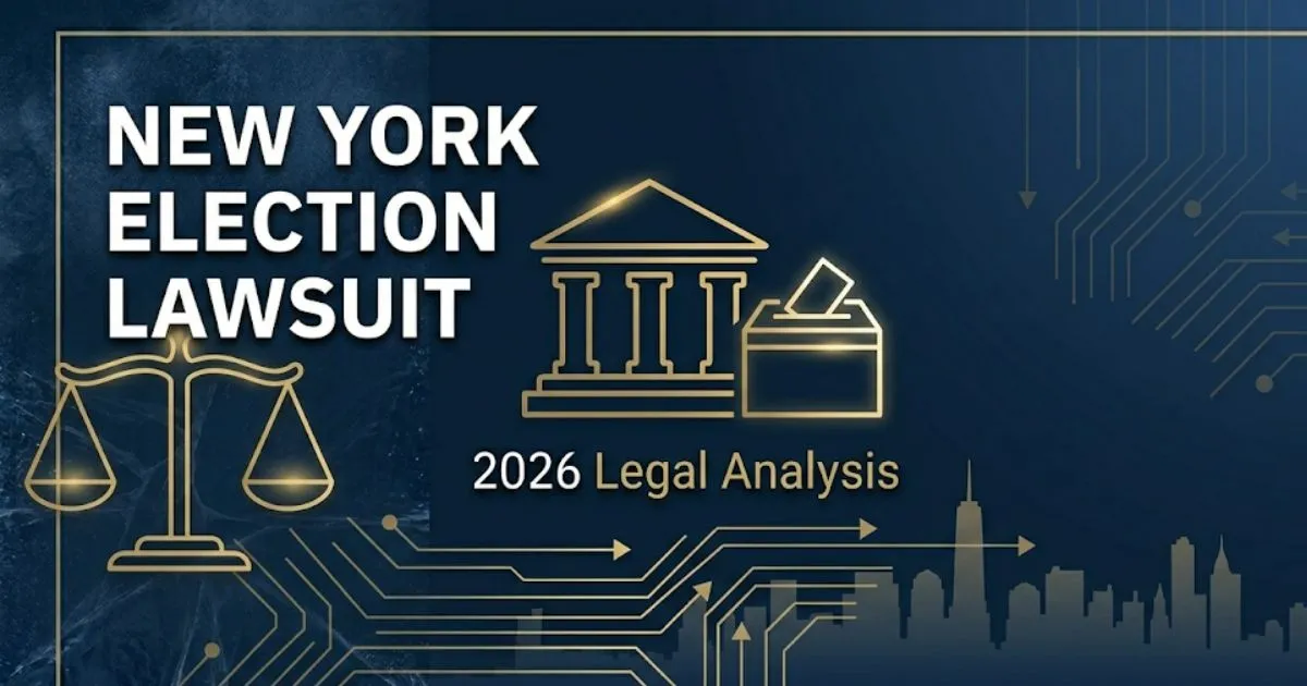 New York election lawsuit voter rights guide 2026 with legal scale and NYC skyline banner graphic
