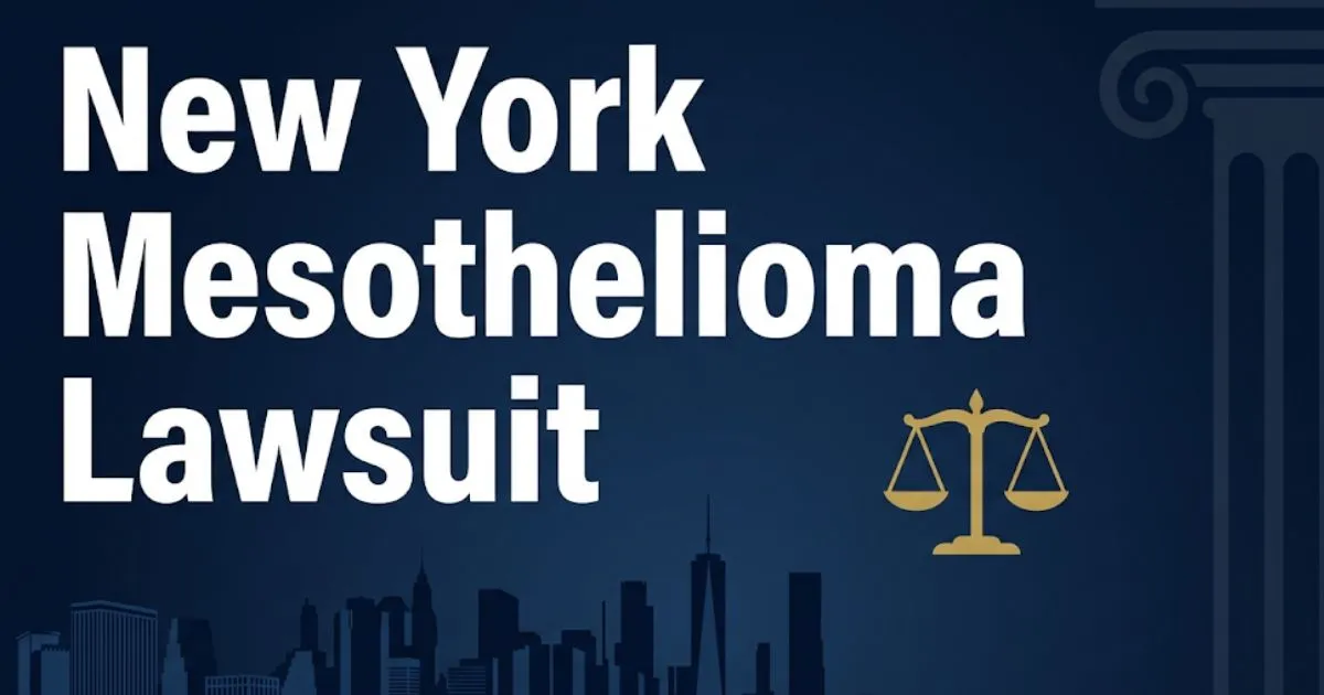 New York mesothelioma lawsuit guide 2026 banner with NYC skyline silhouette and legal scales icon