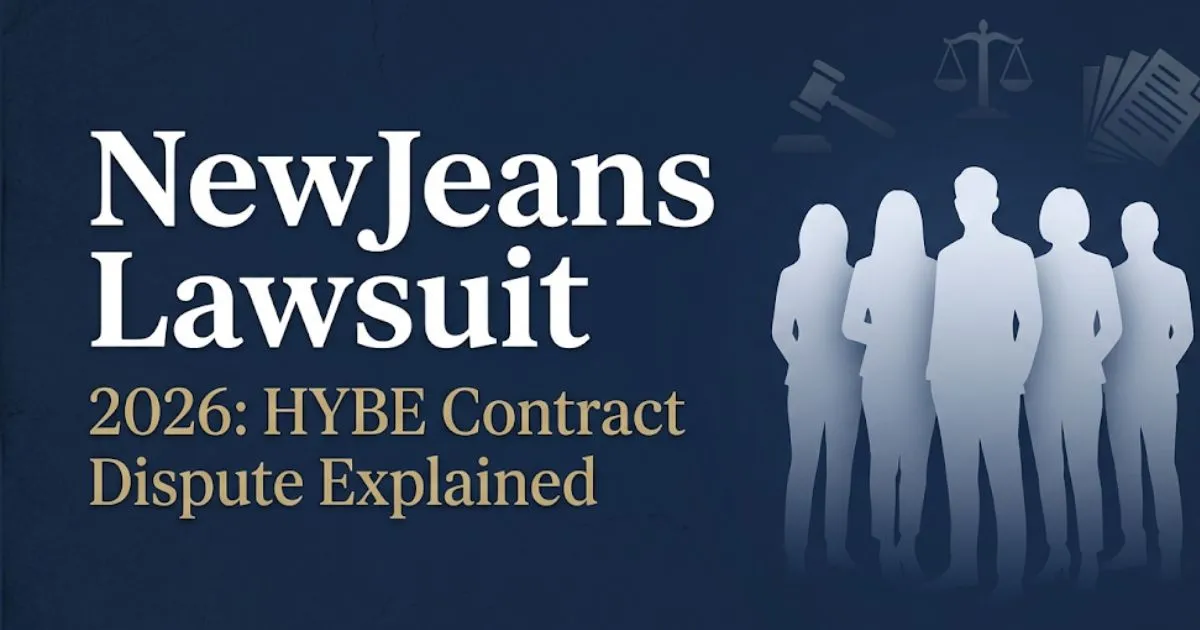 NewJeans lawsuit 2026 explainer banner showing HYBE contract dispute legal case with silhouettes and scales of justice