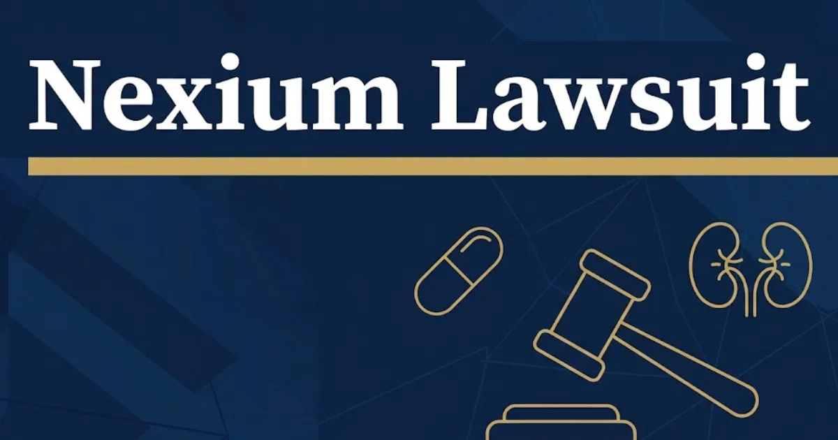 Nexium lawsuit 2026 blog banner with legal icons and pill capsule design