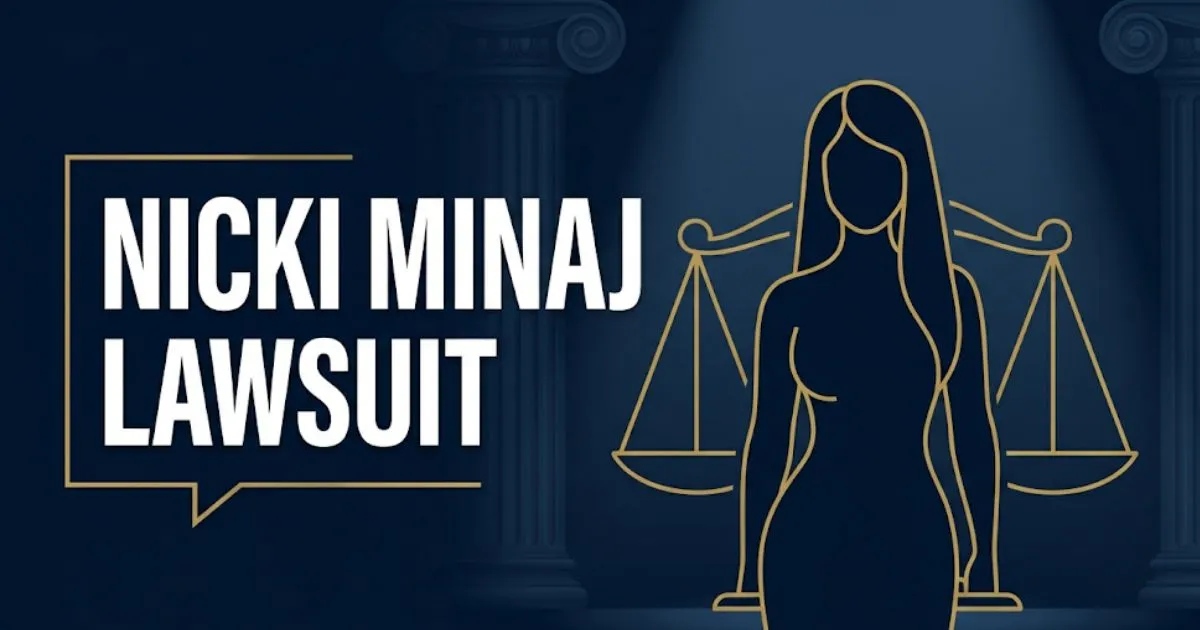Nicki Minaj lawsuit 2026 editorial banner with scales of justice silhouette and bold legal headline design