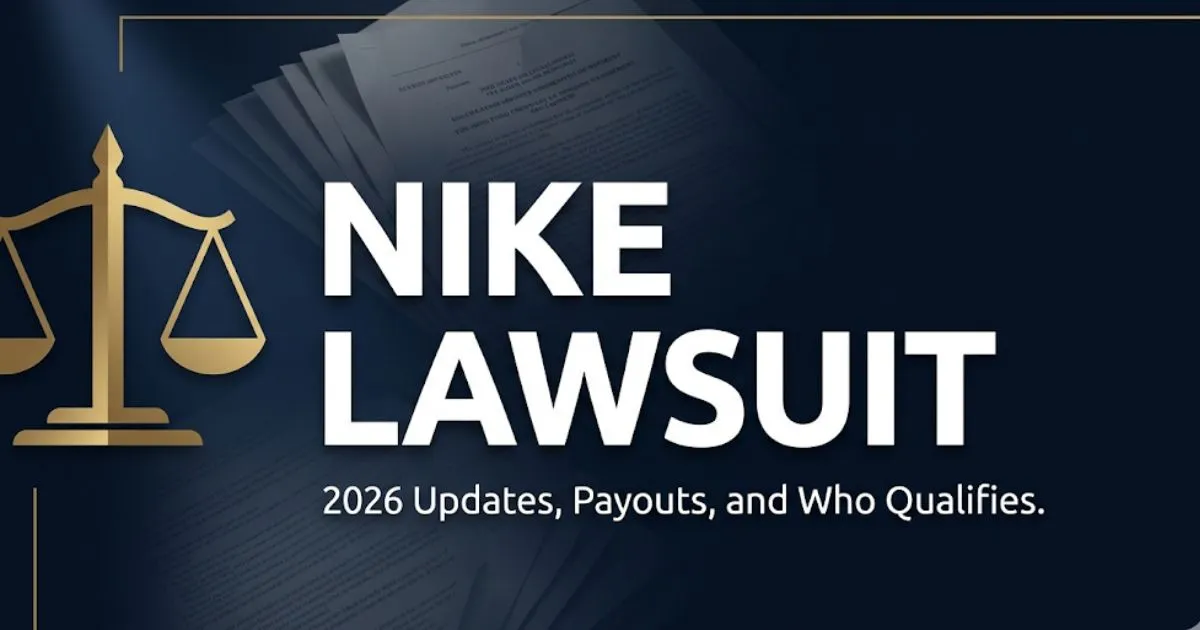 Nike lawsuit 2026 legal banner with scale of justice icon and bold headline text on navy background
