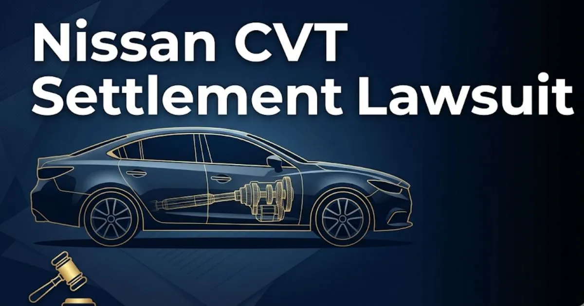 Nissan CVT settlement lawsuit 2026 guide with legal gavel and vehicle transmission graphic