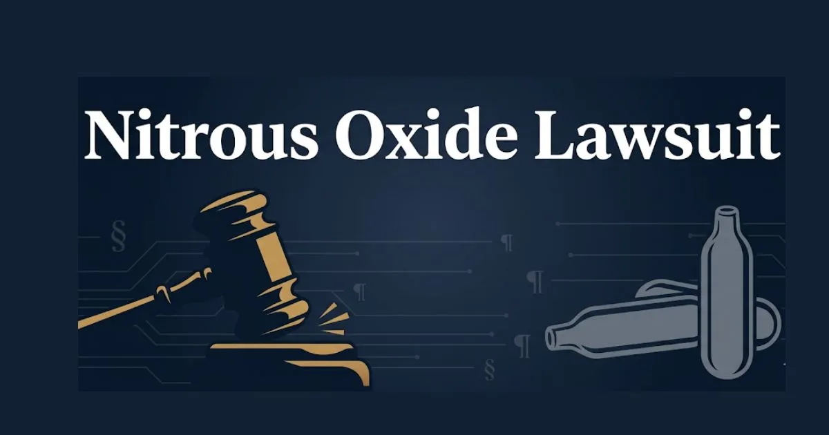 Nitrous oxide lawsuit 2026 blog banner with gavel and charger icons on navy background