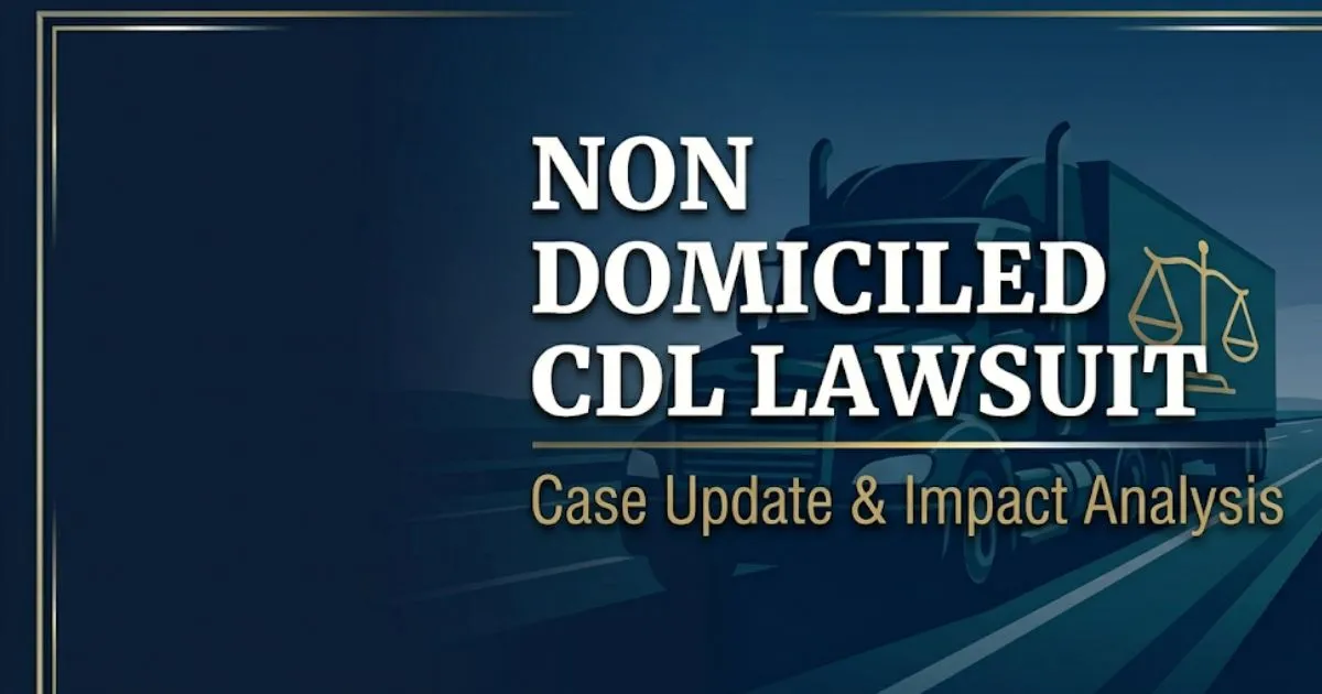 Non domiciled CDL lawsuit 2026 guide banner with truck silhouette and legal scales