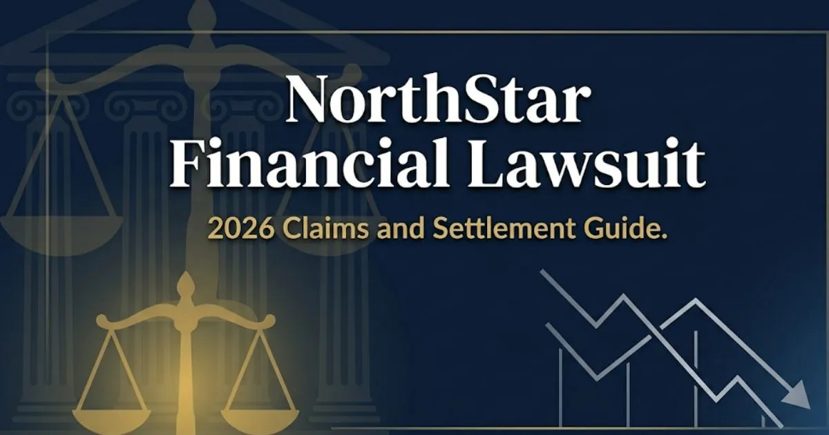 NorthStar Financial Lawsuit 2026 banner with legal scales icon and settlement guide title on navy background