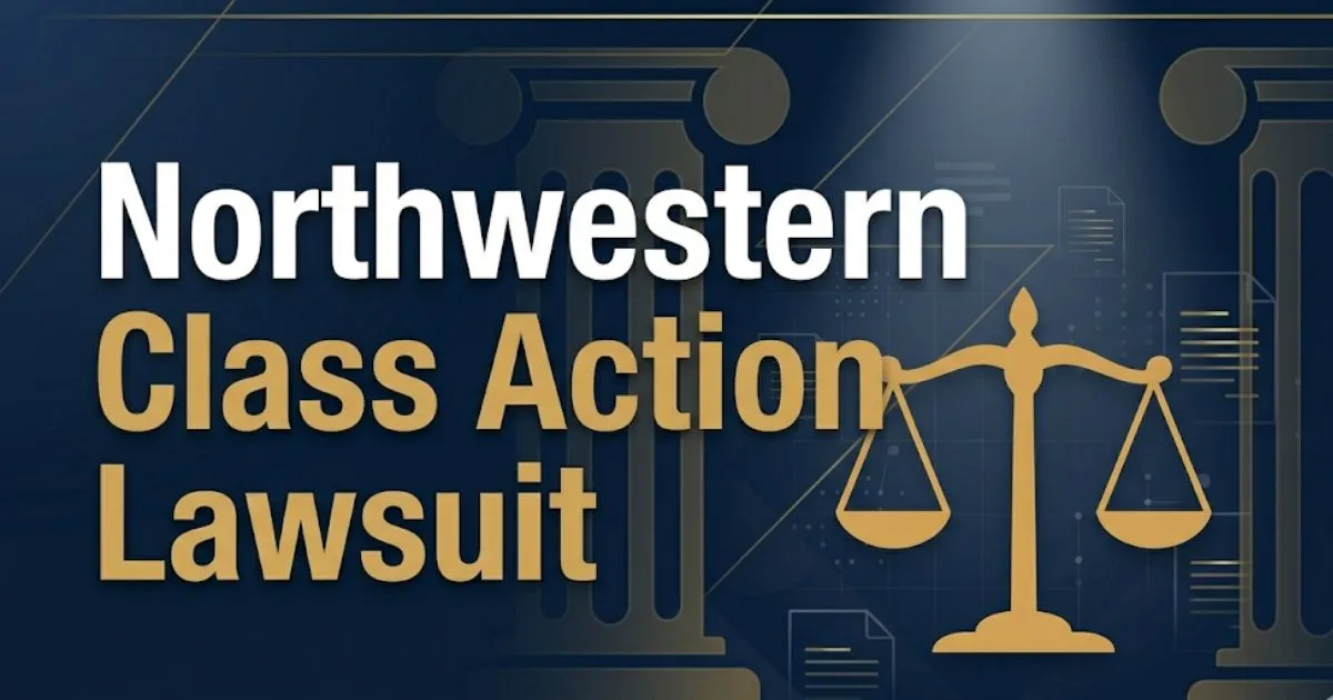 Northwestern class action lawsuit 2026 settlement guide banner with scales of justice on navy background