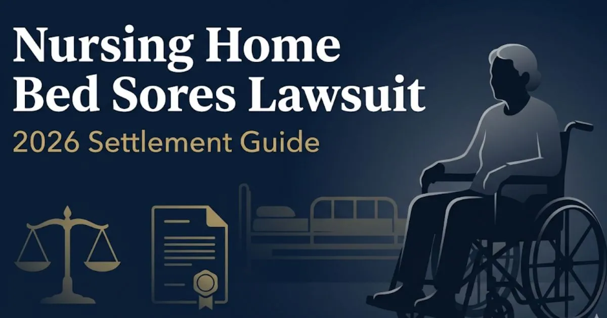 Nursing Home Bed Sores Lawsuit 2026 settlement guide banner with legal scale icon and elder care imagery