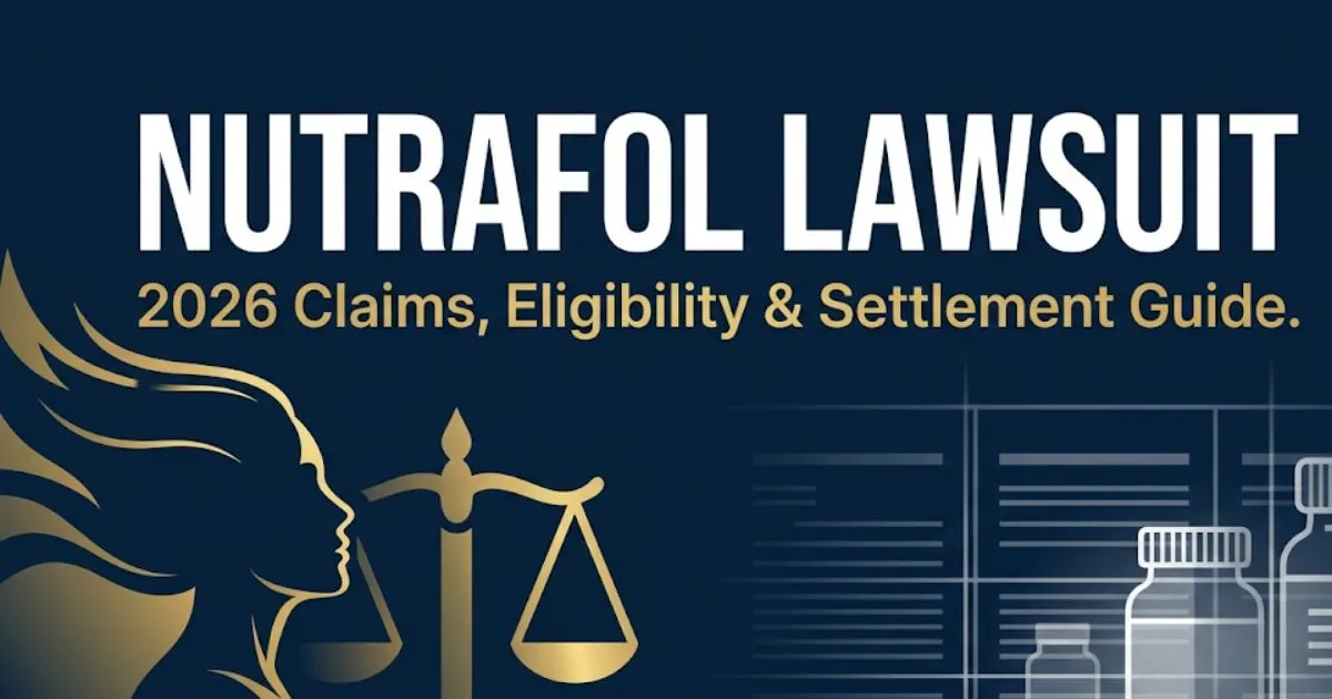 Nutrafol lawsuit 2026 banner showing legal scales and supplement bottle icons with bold headline text on navy background
