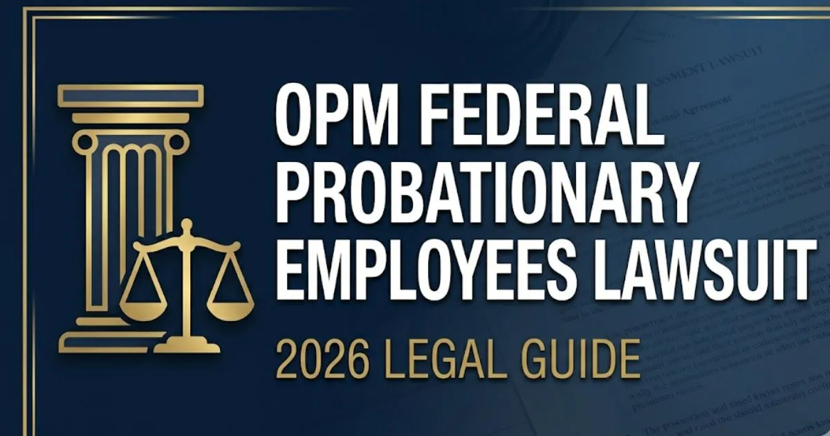 OPM federal probationary employees lawsuit 2026 legal guide banner with federal building silhouette and scales of justice
