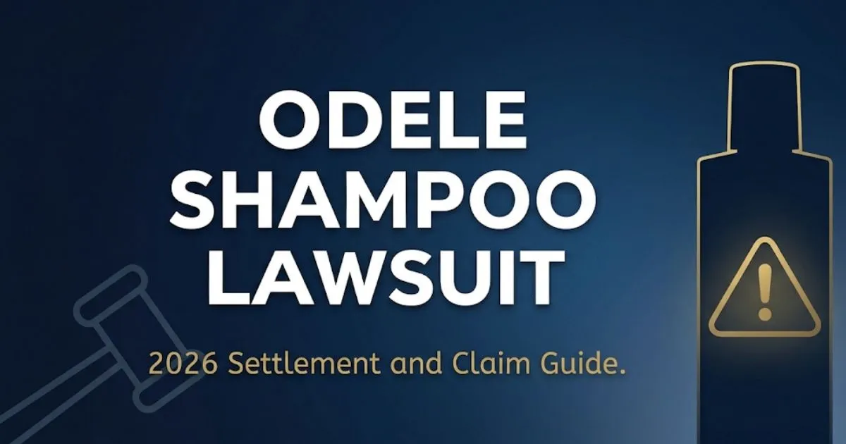 Odele shampoo lawsuit 2026 settlement and claim guide banner with legal gavel and shampoo bottle icons