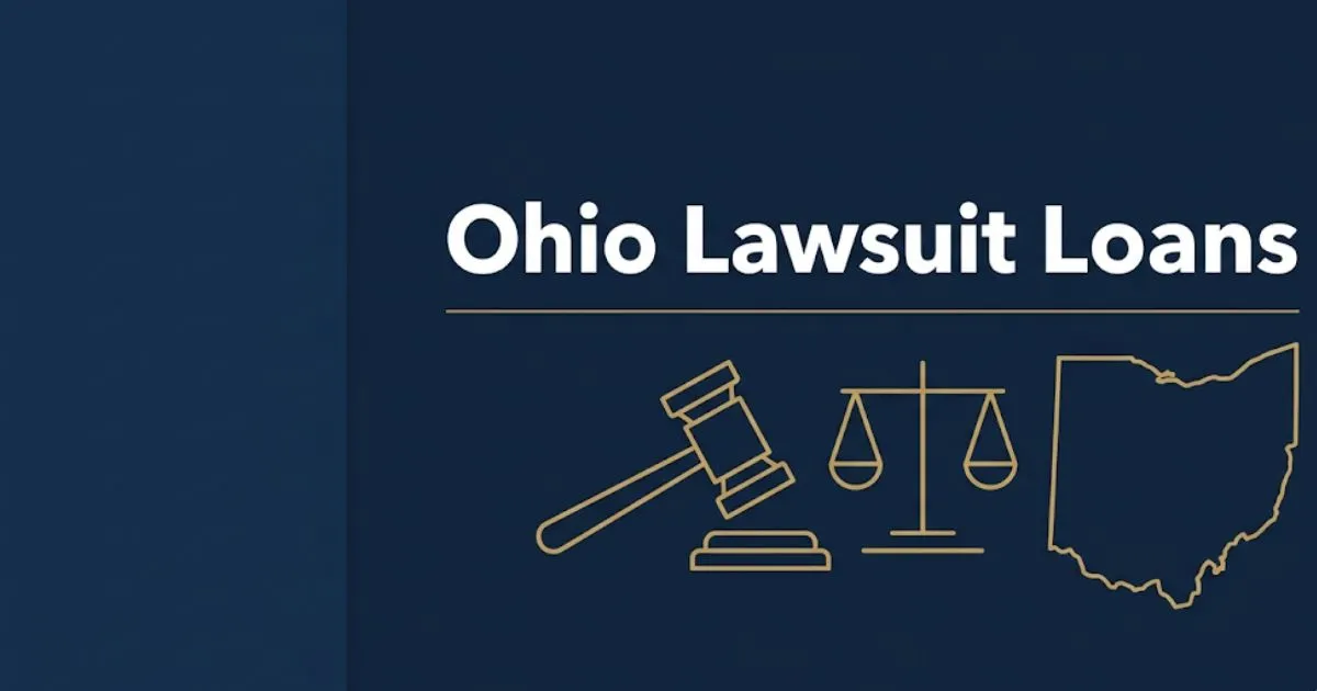 Ohio lawsuit loans 2026 guide with legal symbols and Ohio state outline on navy background